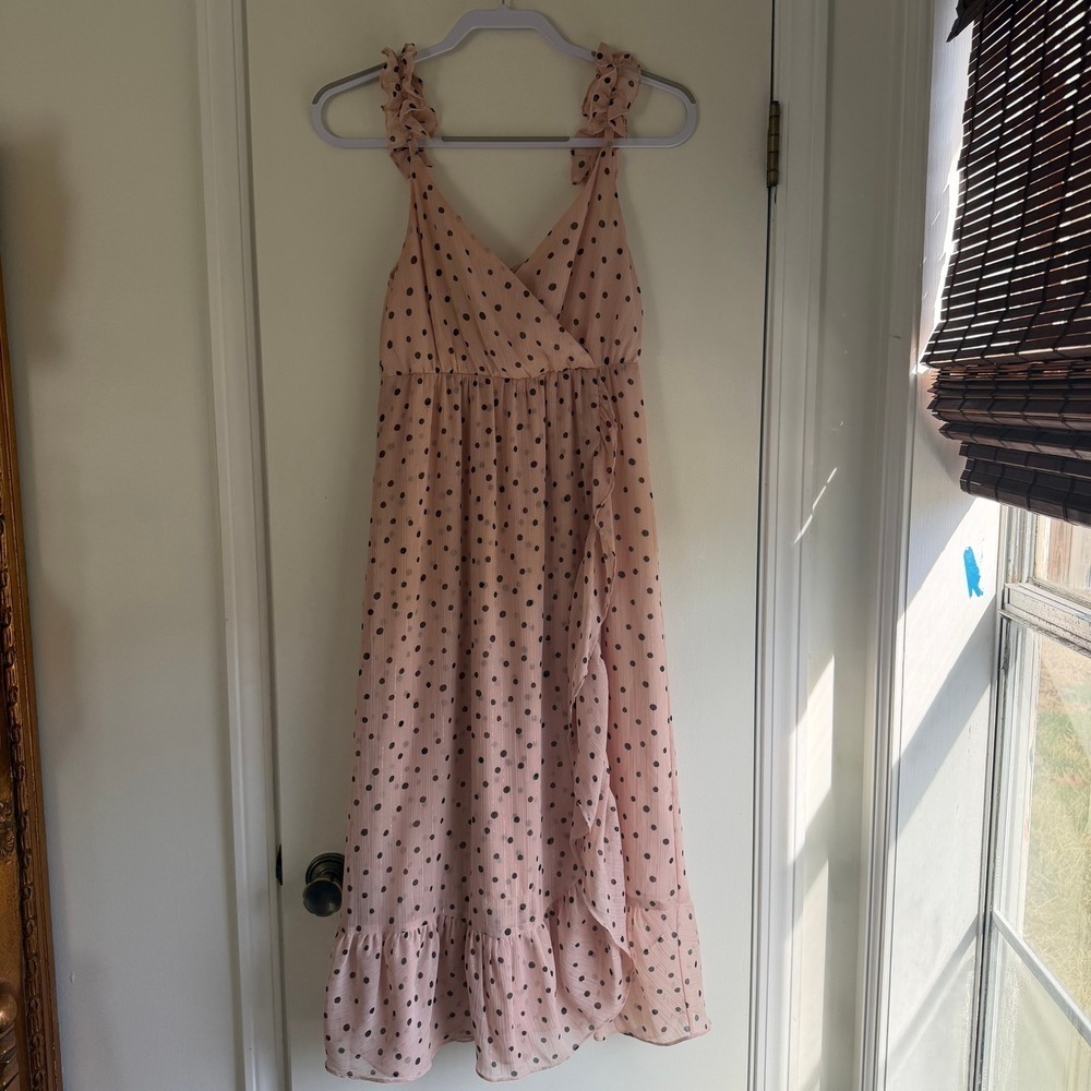 Madewell Pink Polka Dot Metallic Stripe Ruffle Midi Dress 0P Petite V-Neck